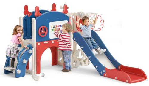 Lischwert Kinderrutsche 6-in-1-Kleinkindrutsche freistehend, Kleinkindrutschenset für drinnen und draußen mit Golfset, Zeichenbrett, Rutsche und Basketballkorb, Teleskop (WPX-11-blau rot)