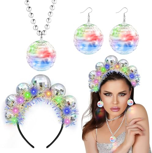 TaimeiMao LED Discokugel Ohrringe,Disco Ball Stirnband Halskette Ohrringe | Disco Bekleidung für 70er 80er Cosplay Karneval Mottoparty Maskerade, Mehrere Blitzmodi