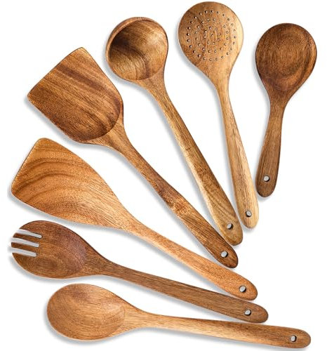 Küchenutensilien Set, 7-teilig Akazienholz Löffel zum Kochen enthält Spatel, Suppenschöpfer, Servierlöffel, Siebschaufel, Salatgabel, Antihaft Holz Küche Essentials Zubehör