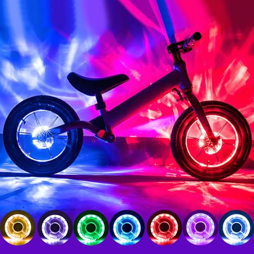 RoserRose 2 Stück LED Kinder Roller Licht USB Wiederaufladbar Speichenlichter, IP65 wasserdichte Speichenlichter Fahrrad mit 7 Farben, 18 Lichtmodi für Smart Induction Kinderzubehör