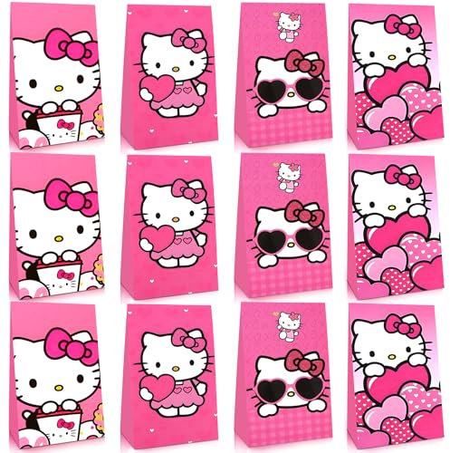 12 Pcs Sachet Anniversaire Kitty, Pochette Bonbon Anniversaire Kitty, Sac Cadeau Anniversaire Kitty, Papier Sac a Bonbon Kitty, Sac Anniversaire Enfant Pour Emballer Cadeaux Bonbons
