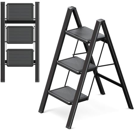 GameGem 3 Step Ladder, 3 Step Stool for Adults, Folding Step Ladder with Secure Footing, Widened Pedal, Aesthetically Pleasing Looking, Blends Right into Domestic Rooms, Black