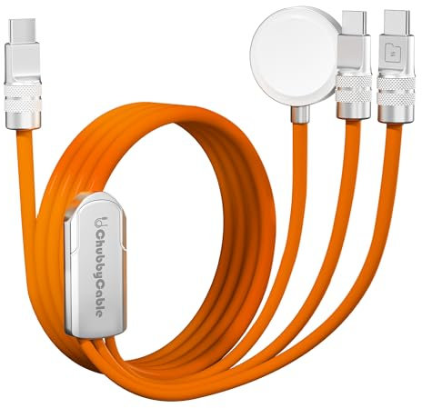 chubby cable Tri-Flex 3 in 1 USB C Fast Charger for Watch Silicone 100W Multi Charging Cable Compatible with iPhone 16/15 Series iWatch iPad Airpods Galaxy Series, 4.1FT, Orange
