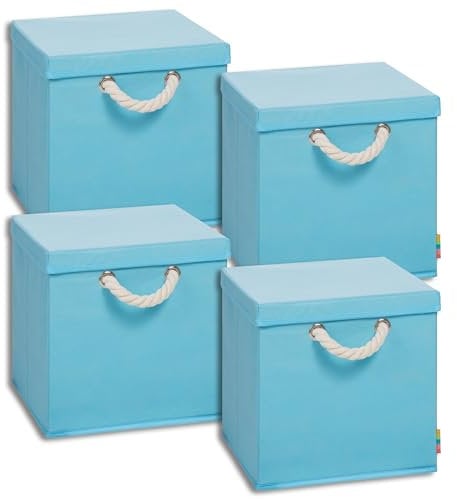 Storanda | 4er Set Aufbewahrungsbox mit Deckel | Kordel Griffband | Stabile & Faltbare Boxen | Regalboxen für Würfelregal Kallax | Ideal für Zuhause & Kinderzimmer | 31x31x30 cm | Türkis
