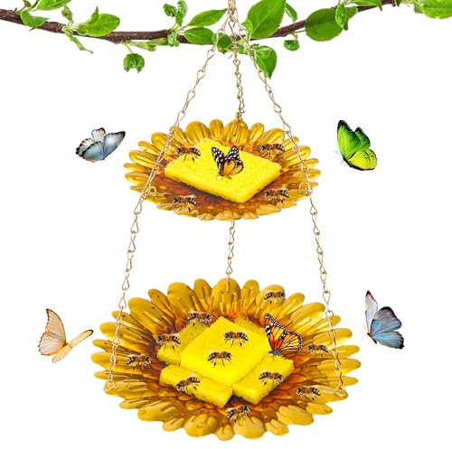 DECOHS Double-Deck Bee Feeder with Vivid Flower Design, Anti-Rust Iron Butterfly Bee Watering Stations with 2 Sponge, Hanging Butterfly Bath Bowl Bee Drinking Cup for Garden Yard Outdoor Decor