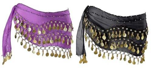 Hitopin 2 Stücke Bauch Tanz Hüfte Rock, Damen Bauchtanz Gürtel, Bauchtanz Münztuch, Münzen Gürtel Röcke, Bauchtanz Kostüm Hüfttuch Rock, für Bauchtanz, Lateinamerikanische Tänze（Lila, Schwarz）