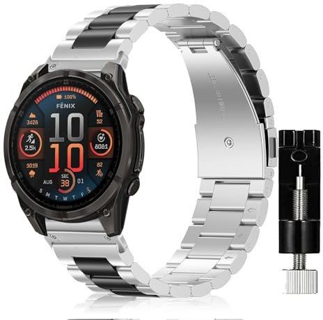 SeNool QuickFit 22mm Strap for Garmin Fenix E 47mm/Fenix 8 47mm/Fenix 7 Pro/MARQ GOLFER (Gen 2), Metal Stainless Replacement Watch Band for Garmin Epix (Gen 2)/Fenix 7 Pro Solar/Fenix 7 - Silver/Black