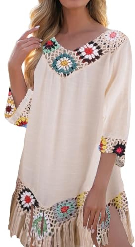 Angxiwan Bikini Cover up for Women UK Bohemian Tassel Hem Beach Dress Casual Baggy Short Sleeve Beach Wear Fashion Knit V-Neck Swimming Costume Cover up Ladies Summer Plus Size Mini Dresses