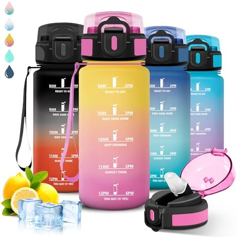 Gourde Enfant, Gourde 500ml, Gourde avec Paille, Anti Fuite, Gourde Graduée pour 1 Journee, Facile à Transporter, Gourde Motivation, Verrou de Sécurité, avec Slogan de Motivation, pour École, Camping
