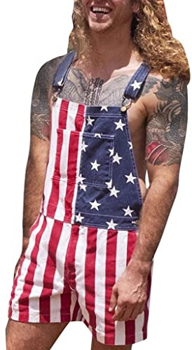Men's American Flag Dungarees USA Flag Print Jean Shorts Rompers Adjustable Straps Jumpsuits Work Bib and Brace Overalls Playsuits Suspender Demin Shorts Hot Pants Rave Party Clubwear with Pockets