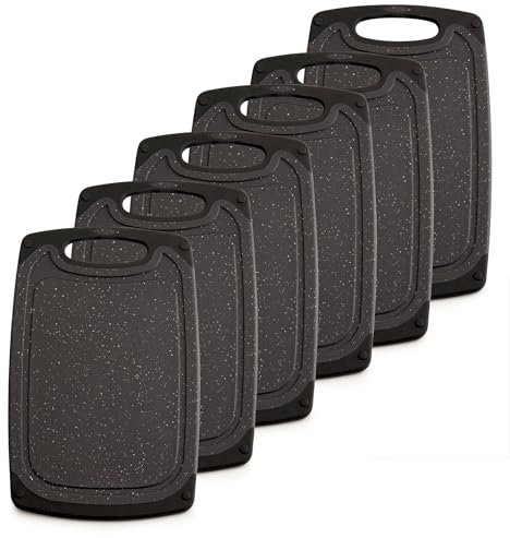 KPYTO Frühstücksbrettchen 6er Set,25 x 15 cm,klein,schwarz,spülmaschinenfest,Kunststoff,Schneidebrett Set,beidseitig,rutschfest mit Saftrille,Brettchen,Brotzeitbrett,Küchen Brett,Schneidebrettchen