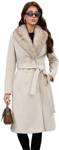 PAPILLON D'OR Langer Damenmantel aus Wolle - Zweireihiger Trenchcoat mit Gürtel und abnehmbarem Kunstfellkragen (DE/NL/SE/PL, Alpha, S, Regular, Regular, Grau-Aprikose)