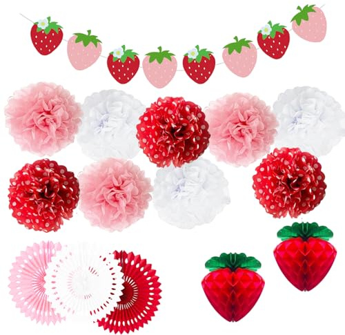 Strawberry Party Decorations Strawberry Banner Honeycomb Balls Paper Fans Pom Poms Red Pink White 4styles