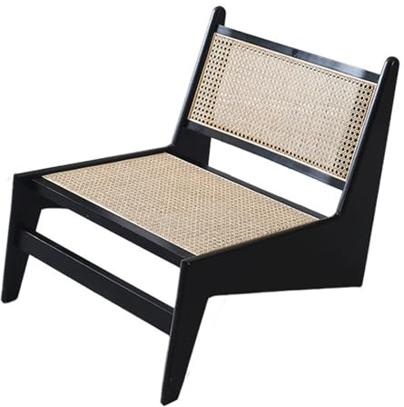 Mid Century Moderner Rattan-Stuhl für Schlafzimmer, Balkon, Terrasse, ohne Armlehnen, Massivholz-Stuhl in Schwarz