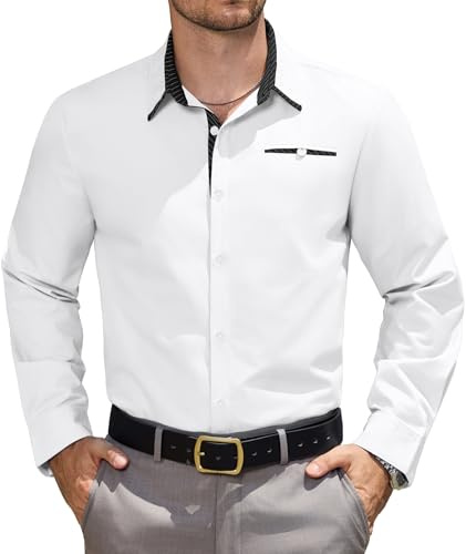 Elainone Chemises pour Hommes Habillées Manches Longues Chemise Idéale pour Le Bureau et Sorties Décontractées Regular Fit Blanc XXL