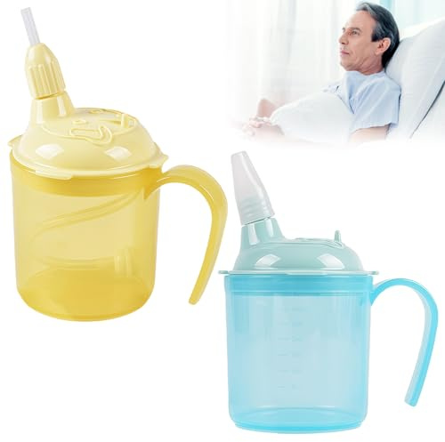 WIYETY Lot de 2 gobelets à bec anti-fuite de 300 ml pour personnes âgées, avec couvercle et paille, poignées, pour personnes âgées, patients, handicapés