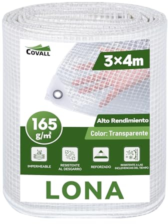 COVALL Bâche Transparente Extérieur 3x4m Dimensions Finies, avec Oeillets, Haute Résistance 165 g/m² Armée, Imperméable, Idéale pour Serre, Jardin, Poulailler et Protection Balcon Contre la Pluie