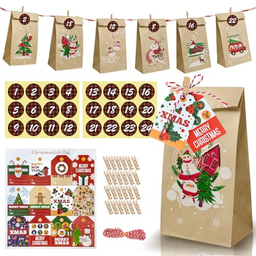 Adventskalender zum Befüllen 2025, 24 Tüten zum Basteln und Befüllen, DIY Weihnachtskalender mit Zahlen-Aufklebern, Juteschnur & Holzklammern, Geschenktüten für Eltern, Paare