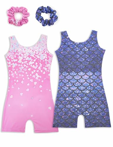 Tstiti Gymnastics Leotards for Girls 2 Pack Sparkly Kids Biketards Dance Unitards Matching Hair Scrunchies Heart Mermaids 13-14 Years