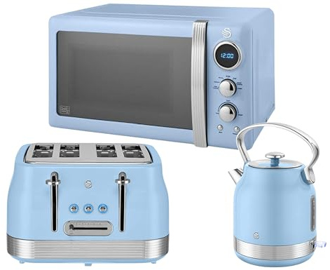 Swan Retro Revive Blue 1.7L 3KW Traditional Stovetop Inspired Design Kettle, 4 Slice Toaster & Retro 800W 20L Microwave. Matching Vintage Design Kitchen Set in Blue with Chrome Accents