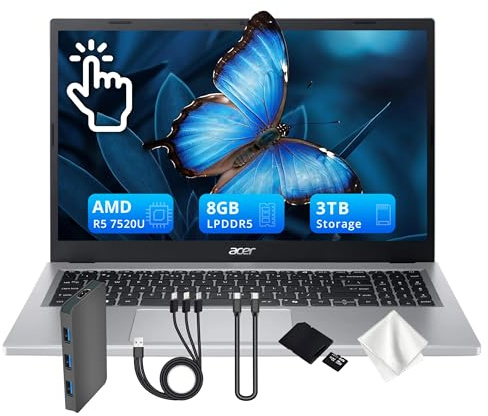 acer Aspire Go 15.6 FHD Touchscreen Laptop, AMD Ryzen 5 7520U, AMD Radeon Graphics, 8GB LPDDR5, 3TB Storage(2TB SSD&1TB Docking Station Set), Number Pad, Wi-Fi 6, Win 11, Silver
