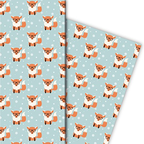 Kartenkaufrausch Winter Geschenkpapier Set 4 Bogen, Dekorpapier mit schlauem Fuchs und Schneeflocken, auch an Weihnachten für schöne Geschenk Verpackung, Musterpapier zum basteln 32 x 48cm