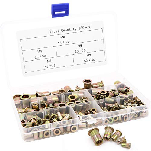 Prettyui 165-teiliges Sortiment Nietmuttern Set Nieten Nuten Rändelstahl Kopf Muttern M3 M4 M5 M6 M8