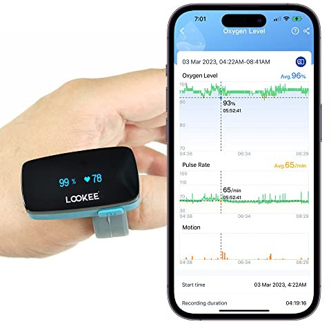 LOOKEE Ring Continuous Pulse Oximeter - Wearable Oxygen Monitor with Vibration Reminder for Low O2 - Rechargeable Blood Oxygen Saturation Tracker for SpO2 & PR - Free APP with Reports
