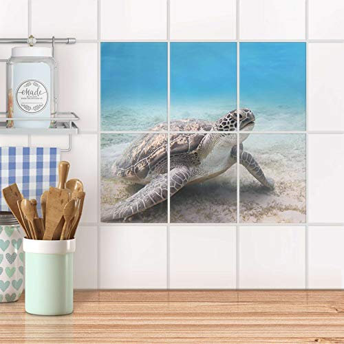 Fliesensticker für Bad und Küche I Fliesen Sticker Aufkleber wiederablösbar I Fliesen verschönern - Fliesenmuster für Bad- und Küchenfliesen I Design: Green Sea Turtle