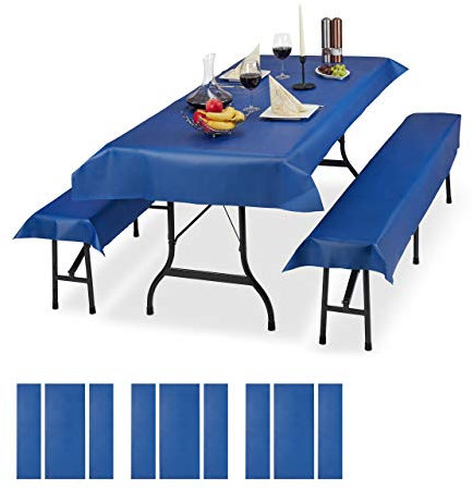 Relaxdays 12 x Bierzeltgarnitur Auflage, 4 Biertisch Tischdecken 250x100cm, 8 Bierbankauflagen 250x55cm, Outdoor, abwaschbar, blau