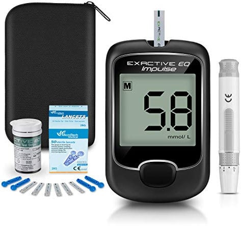 Blood Sugar Tester Diabetes Testing Kit Blood Sugar Tester with 25 Test Strips and 25 Lancets - for UK Diabetics by Exactive EQ Impulse in mmol/L