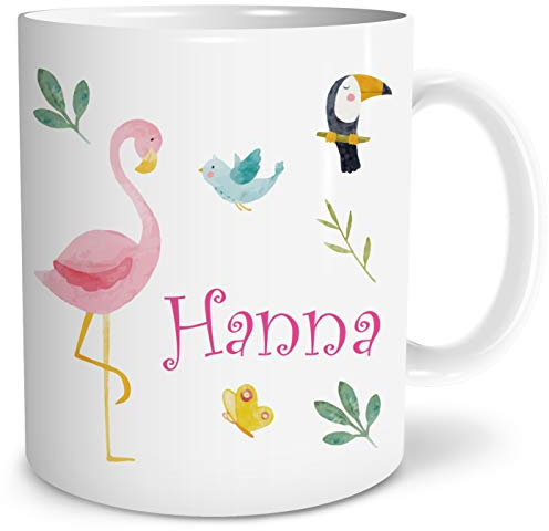 OWLBOOK® Personalisierte Tasse für Kinder Personalisiert Safari Flamingo Kinder Geschenke Geschenkideen für Kinder Junge Mädchen zum Geburtstag Schulanfang Kindertasse Keramik 300 ml