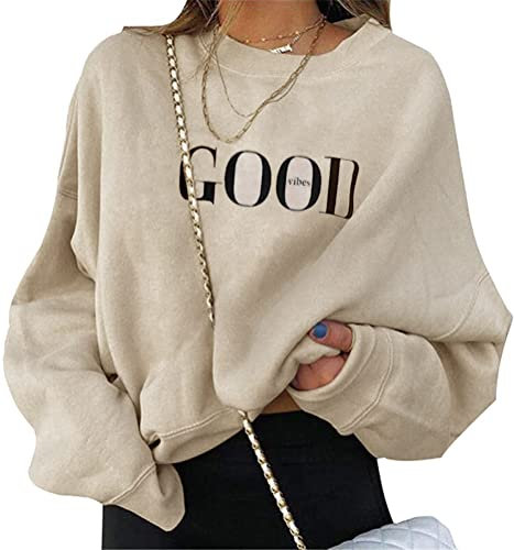 ORANDESIGNE Damen Good Vibes Sweatshirt Briefe Drucken Langarm Rundhals Pullover Warm Pulli Oversized Casual Bequem Teenager Mädchen Hoodie Sportbekleidung A Beige L