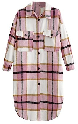 ORANDESIGNE Cappotti a Quadri da Donna a Lunga Manica Blusa Camicetta a Quadri Classica con Tasche Camicia Stile di Boyfriend Giacche C Rosa L