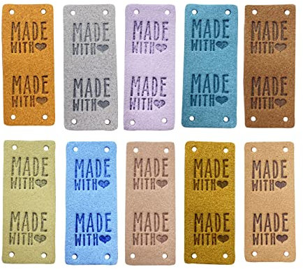 50 Stück PU Leder Label Handmade Tag Label Handmade Tags Button mit Löchern Geprägte Tag Verschönerung Stricken DIY für Jeans Taschen Schuhe Hut Handwerk, Stricken und Häkeln (10 Farben)