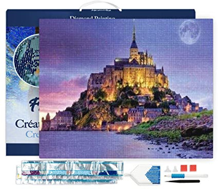 Figured’Art Diamond Painting Broderie Diamant 40x50cm Avec Cadre Toile Tendue Strass Perles Carrés - Le Mont Saint Michel - Kit Complet 5D DIY Activité Manuelle Loisirs Créatifs Adultes