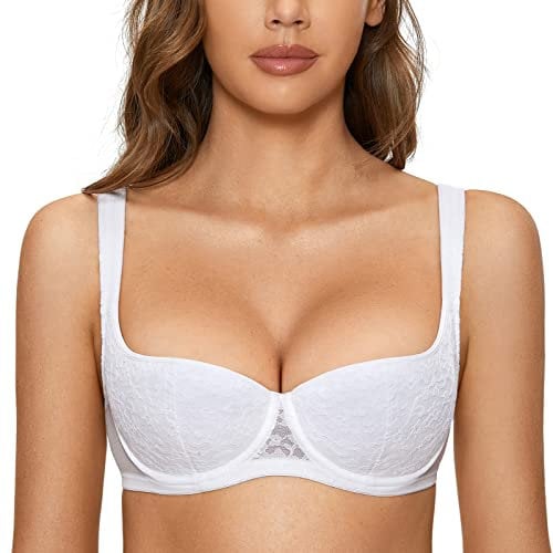 DOBREVA Women's Push Up Bra Sexy Balconette Bra Padded Half Cup Lace Underwired White (Cup Size is Small. Order 1 Cup Size up.) 34E