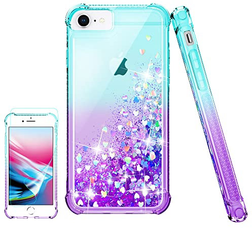 Pilaru for iPhone SE 2022/2020 & 6/6S/7/8 Case Clear Liquid Heart Lovely Glitter Soft TPU Cover Transparent Girly Protective Phone Case for iPhone 6/6S/7/8,Teal/Purple