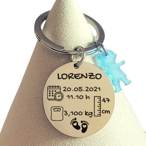 Porte-clés natalicio personnalisé en acier inoxydable pour bébé garçon fille idée cadeau naissance baptême, argent