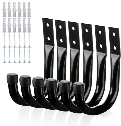 KURUI Metal Wall Hooks for Hanging Heavy Duty, 6Pcs Garage Organization and Storage Hook for Extension Cord Tool Coat Backpack Bag, Large Utility J Hooks, Black Wall Mount Hanges for Outdoor Indoor