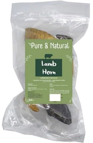 Pure & Natural Lamb Horns for Dogs - Natural Dog Chews Long Lasting, Low Fat & Hypoallergenic Ram Horn Large Dog Treats - Pack of 2
