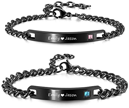 JSDDE Personalisiert Armband mit Gravur Edelstahl Name Armband Partnerarmband Silber Armreif Freundschaftsarmband Schmuck für Damen Herren (Pärchen Armbänder (Schwarz))