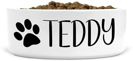Personalised Ceramic Dog Bowl Paw Print - Ideal for Food & Water Bowls Size Small-Medium Dogs (Black print, Text Style HA)