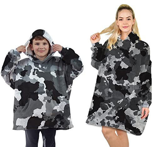 ALLEN & MATE Hoodie-Decke für Kinder und Erwachsene, übergroßer Decken-Hoodie, warmer Morgenmantel, weicher Fleece-Bademantel mit Kapuze, Geschenke, Mädchen, Teenager, Erwachsene (graues Camo)