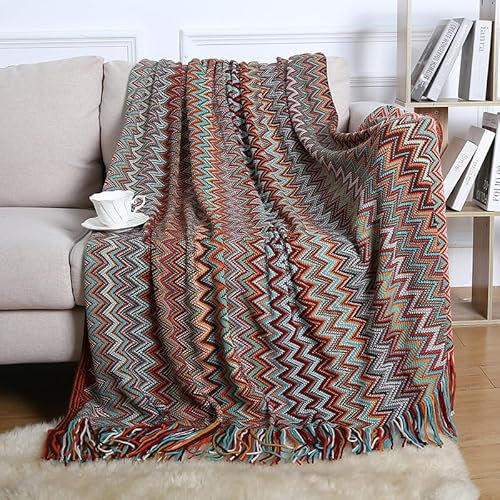 Menkala Kuscheldecke Boho Style Decke mit Fransen Strickdecke Tagesdecke Sofadecke Weich Streifen Wohndecke Couchdecke für Sofa Betten Büro Reisen Wohnzimmer Schlafzimmer Rot 130x200 cm