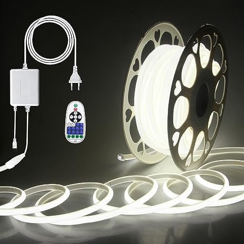 ALITOVE 20M COB LED Streifen 230V Direktanschluss Kaltweiß 5000K LED Band Dimmbar 5760LEDs Strip mit IR-Fernbedienung für Heimwerker-Innenbeleuchtung Heimdekoration