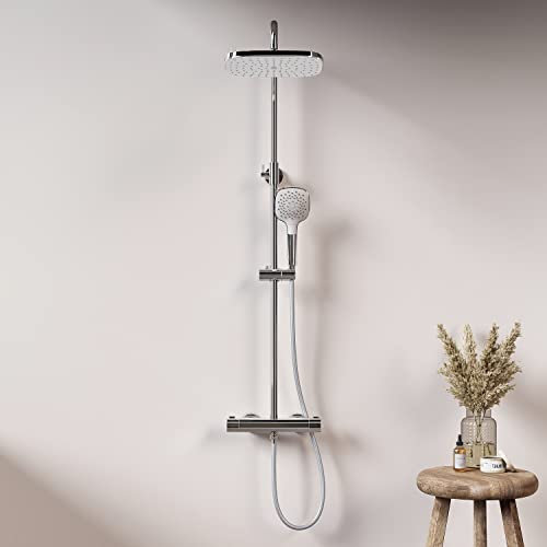 EMKE Duschsystem mit Thermostat Design Regendusche und 3 Strahlarten Handbrause,38℃ Thermostat Duschsystem, Freie Winkel- und Höhenverstellung Duschset,Quadratisch Duschsystem,Chrom