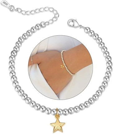 XOEMEL Sterling Silver Bracelet for Women 5MM Round Silver Bead Bracelet Adjustable Star Charm Bracelet for Women Teenage Silver Ladies Bracelet