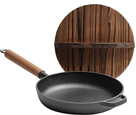 Woks & stir-Fry Pans,Pre - Seasoned Cast Iron Frying Pan, Uncoated Non-Stick Skillet Large Grill Cookware Flat Bottom with Wooden Lid & Handles for Induction,25cm