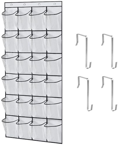 YWKJDDM Over the Door Shoe Storage, 24 Mesh Pockets Storage Hanger with 4 Hooks, Over The Door Organiser Hanging Shoe Rack for Wardrobe Bathroom